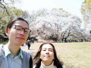 砧公園で桜を背景に